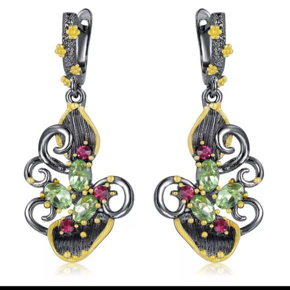 Gold leaf black titanium boho branch peridot garnet earrings new - Picture 3 of 5